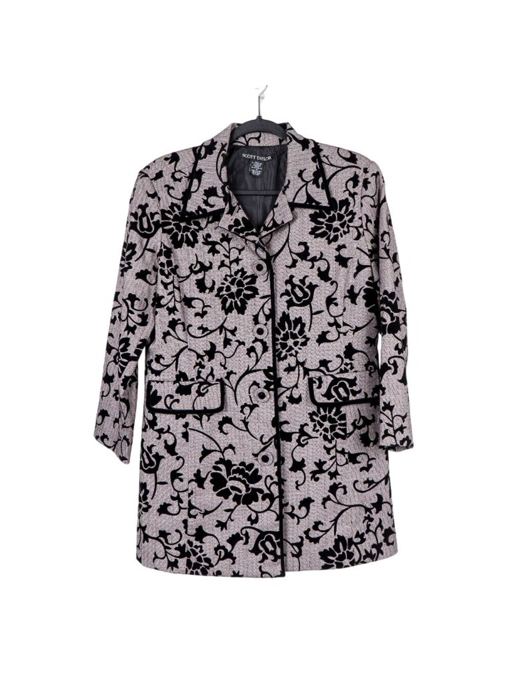Floral Herringbone Jacket M Women Long Buttons Velour Accent Gray Black - Picture 1 of 6